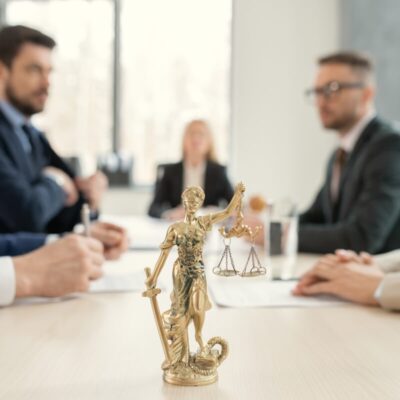 Spotkanie prawników omawiających prawo spadkowe; na pierwszym planie figurka Temidy.