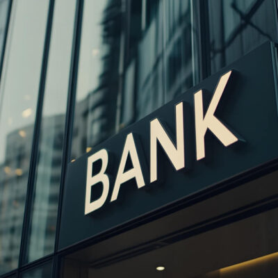 Nowoczesny budynek banku, symbol spory z bankami.