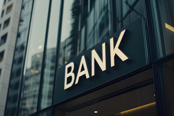 Nowoczesny budynek banku, symbol spory z bankami.