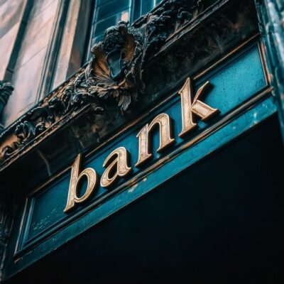 Zdjęcie wejścia do banku, które często kojarzy się z hasłem spory z bankami.