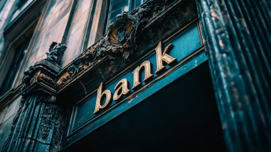 Zdjęcie wejścia do banku, które często kojarzy się z hasłem spory z bankami.